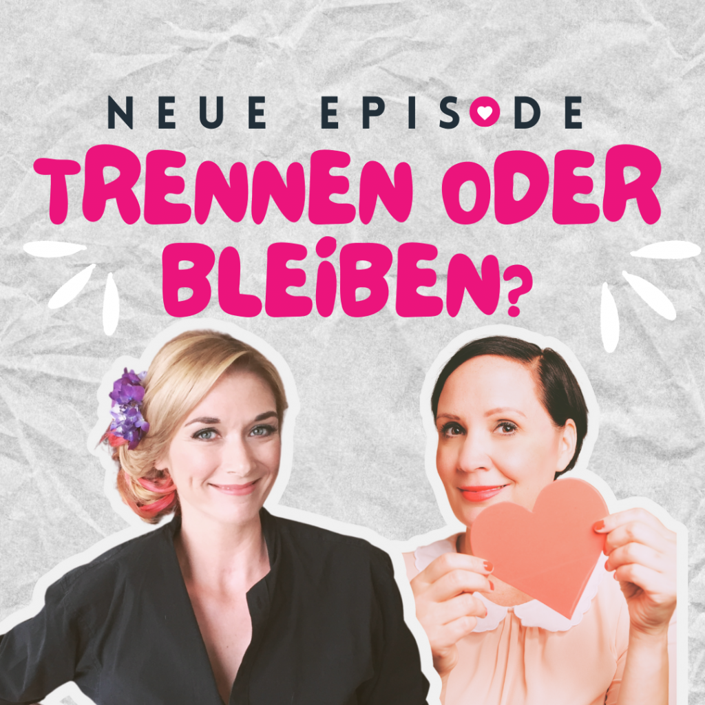 Werbebild für die Dating-Podcast-Folge: Tanz aus der Komfortzone' mit großen rosa Buchstaben. Daneben Hosts: Johanna, trägt ein schwarzes Hemd und Ingrid hält ein Herz in den Händen, beide lächeln.